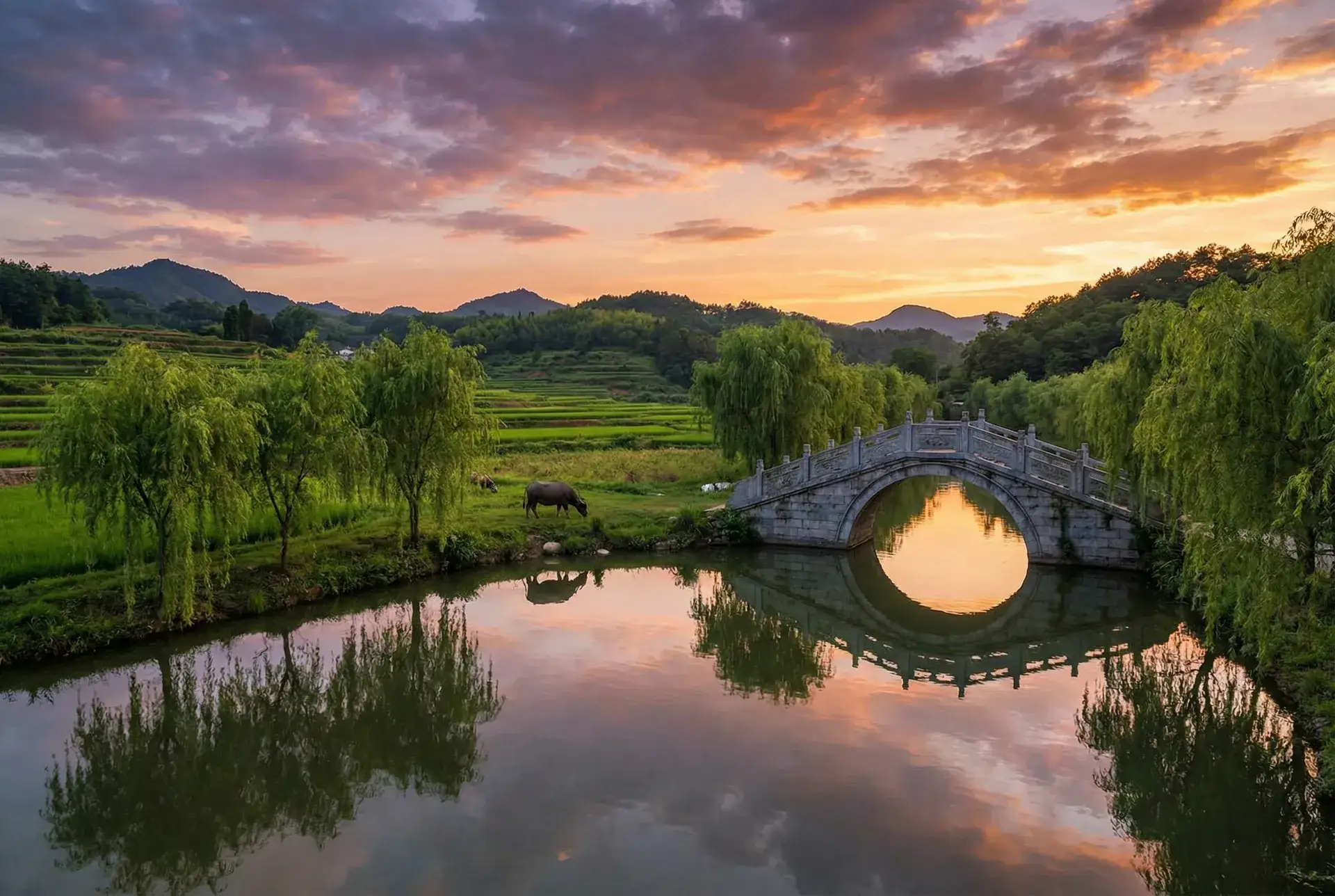 夕阳下的石拱桥与垂柳，水牛在河边吃草 - yjsp 乡村美景